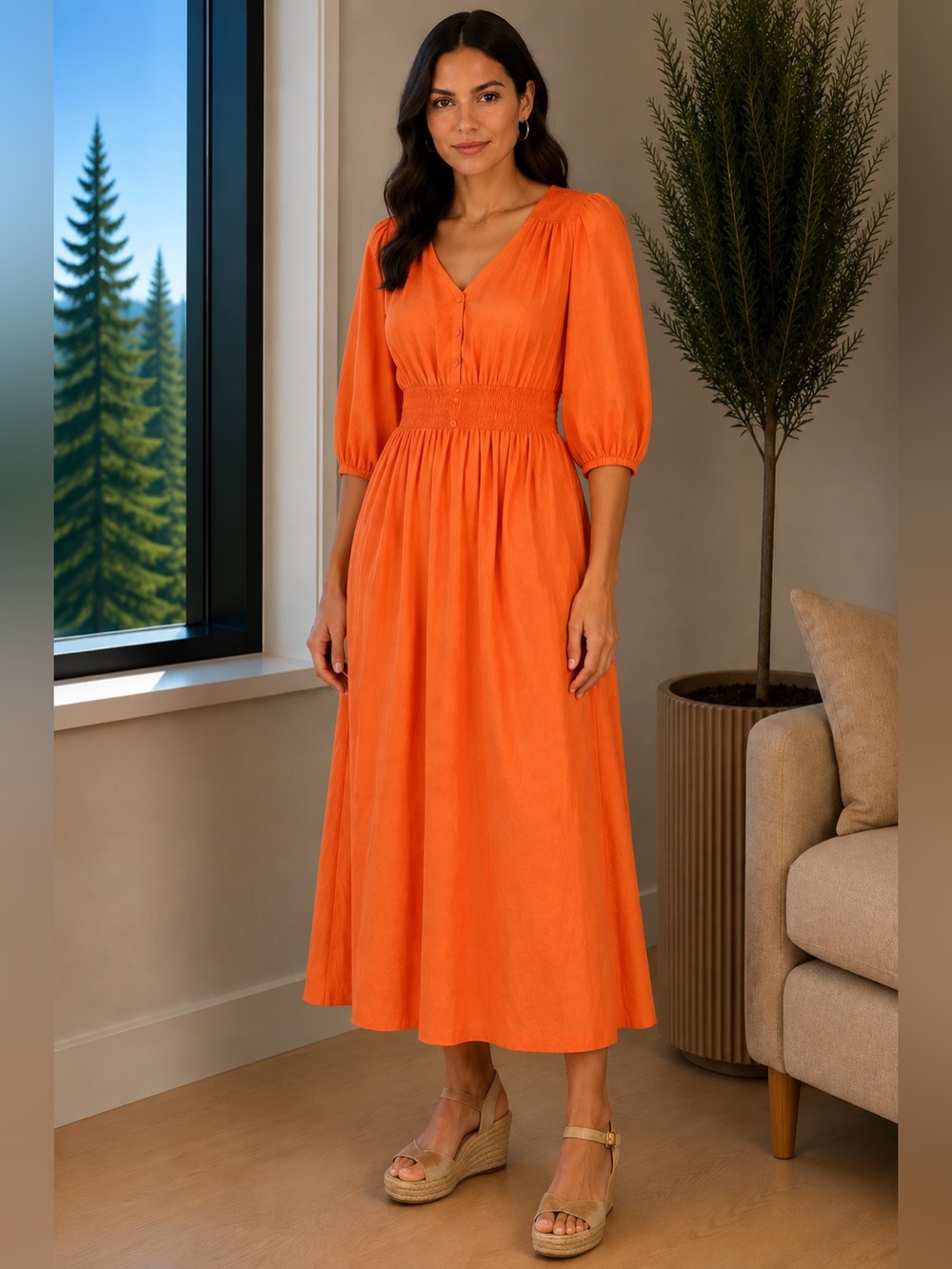 J. Crew orange midi v-neck dress‎ size XXS